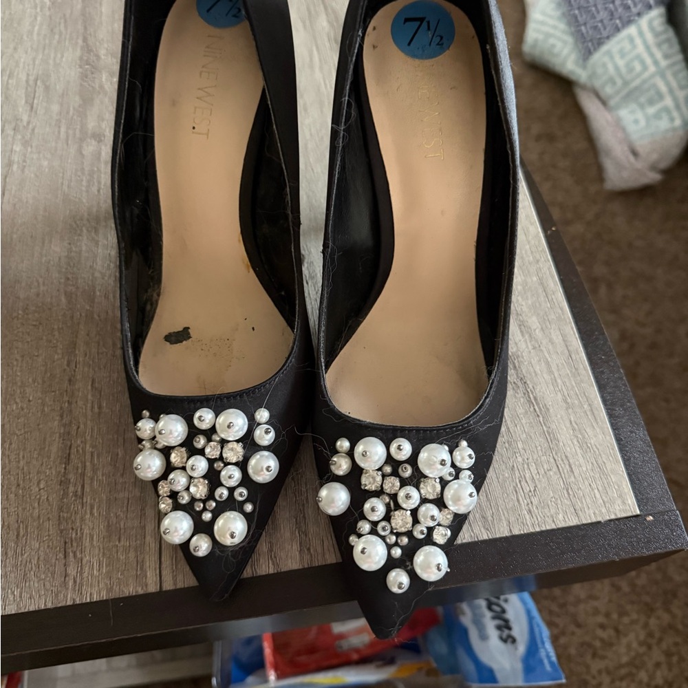 Nine West Black Heels with Pearl Embellishments